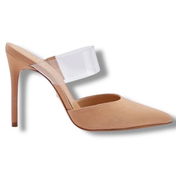 SCHUTZ Shoes - Schutz Sionne Clear Strap Suede Pointed Toe Stiletto Mule Tan 7.5